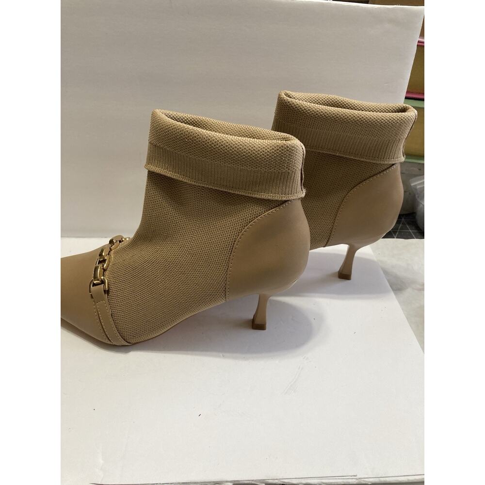 New Bella Knit Kitten Heel Ankle Boot With Pointed Toe And Decorative Gold Chain